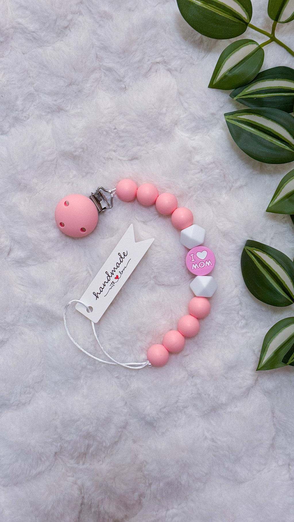 Outseam Pacifier Clip I Love Mom in Blue — handmade pacifier holder