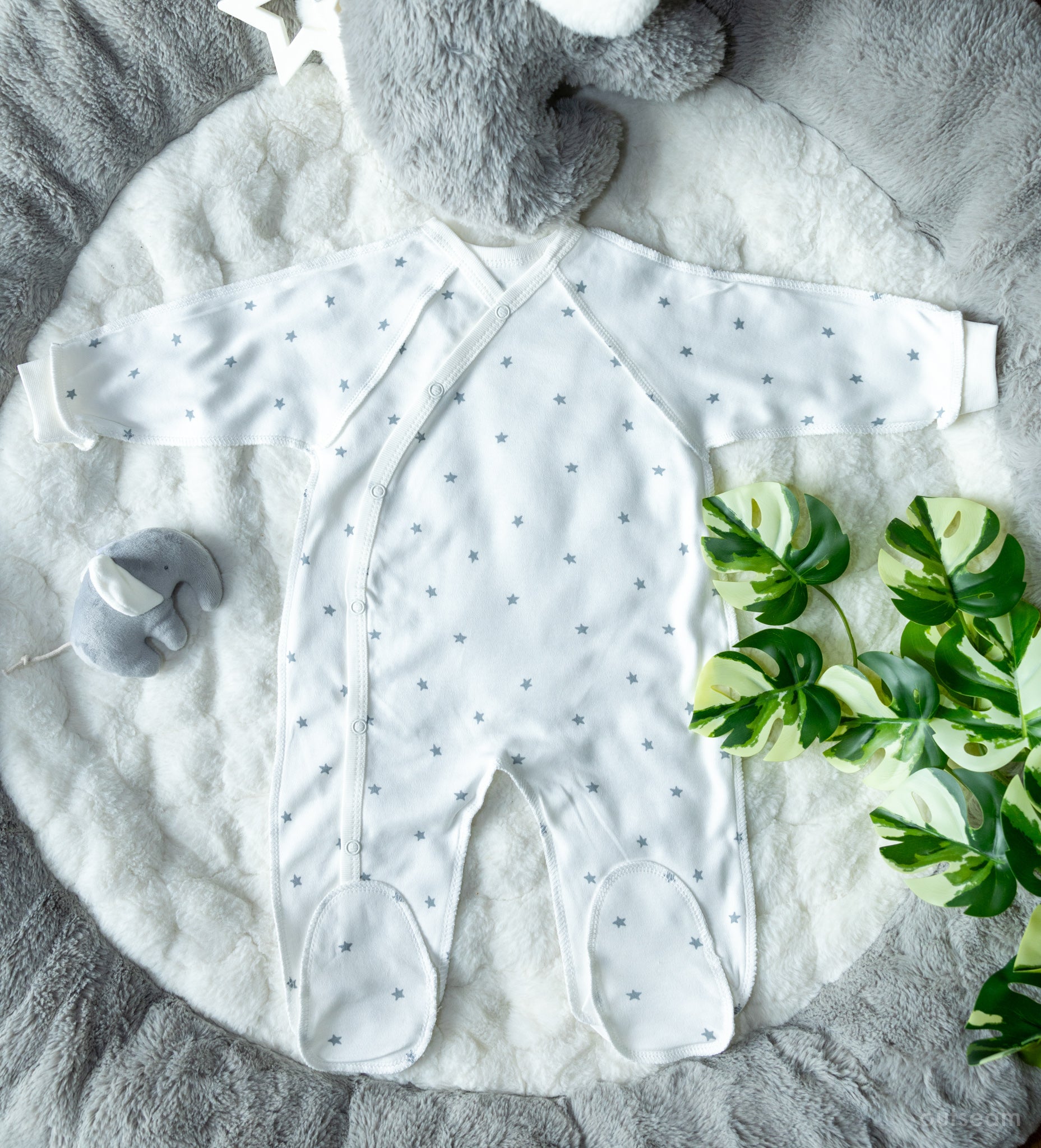 Outseam Sleepsuit Outseam - Grey Stars — soft cotton baby sleepsuit with outward seams