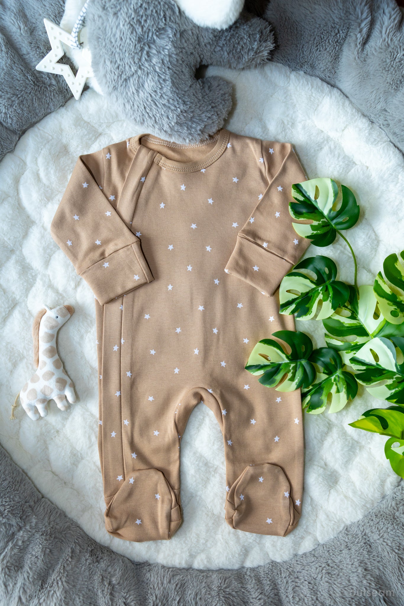 Outseam Sleepsuit Zipper - Brown — soft cotton baby sleepsuit with outward seams
